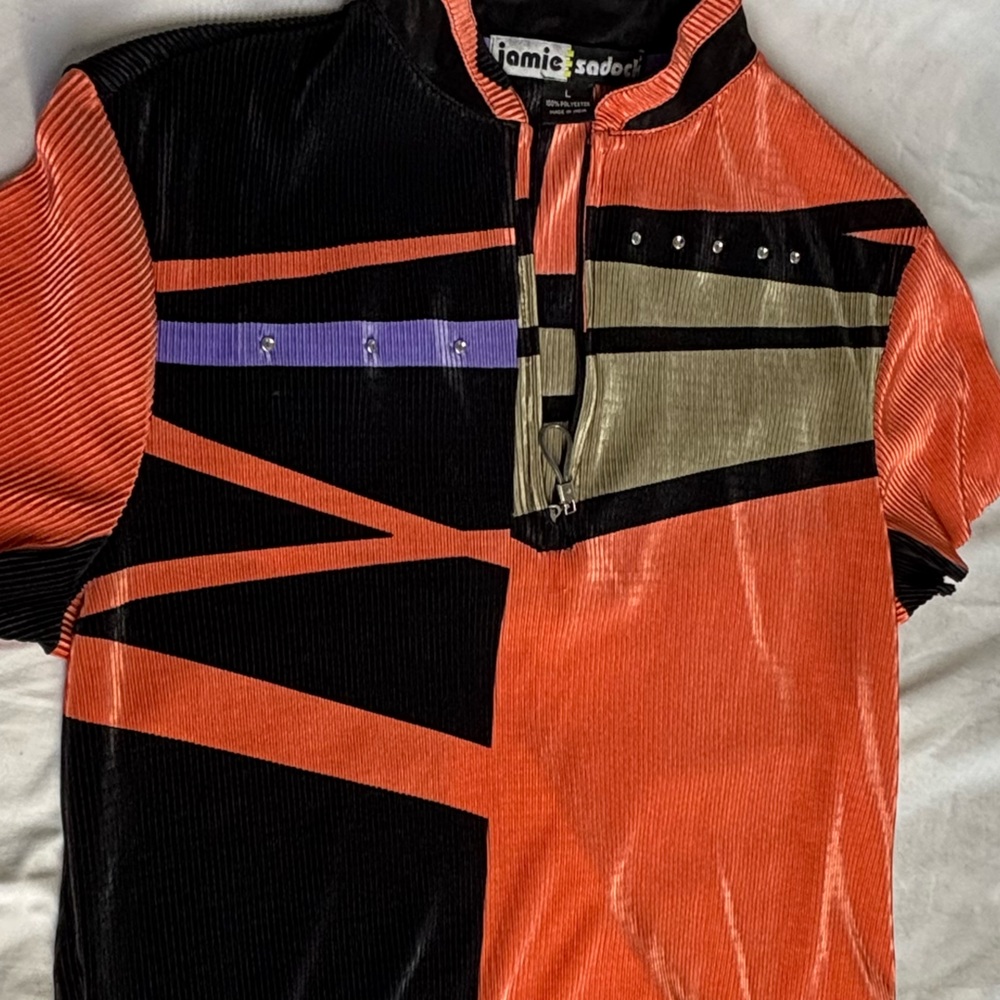 Nomic Sadoc Ribbed Geometric Colorblock Top Orange Black Short Sleeve Size L